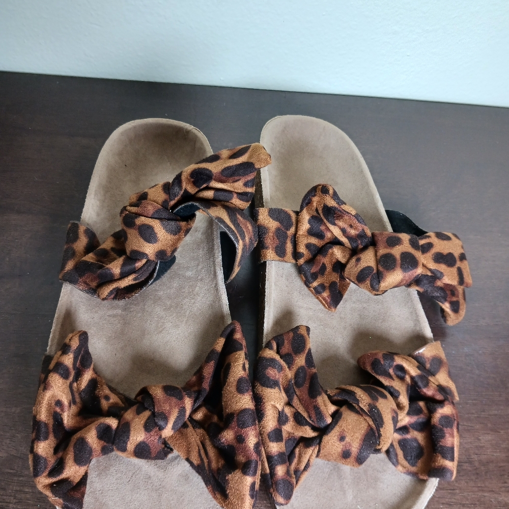 Leopard Print Bow Slide Sandals - Brown/Black